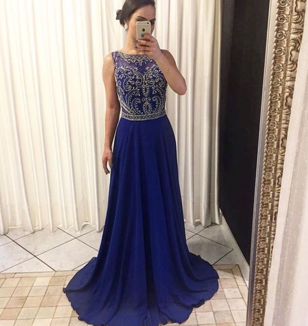 vestido de festa azul longo